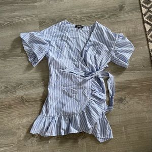 Lulus blue and white pinstripe mini wrap dress